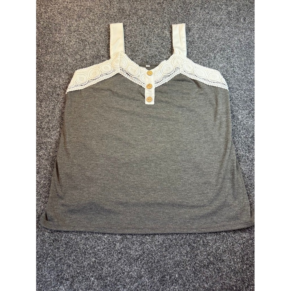 Boho Crochet Lace Trim Tank Top Grey Heathered Henley Sleeveless Blouse XL